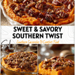 Bourbon-infused Sweet Potato Casserole topped with savory bacon and pecan crust on a rustic table. 26